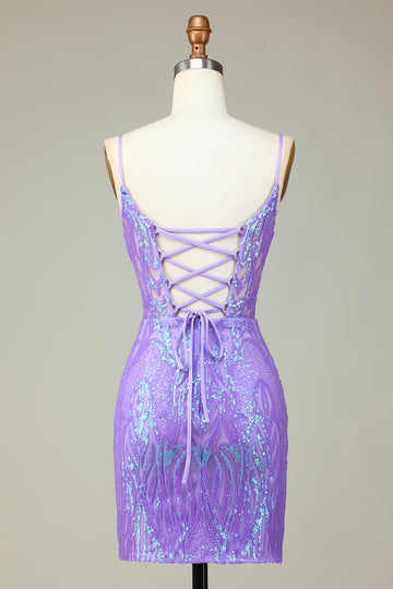 Snygg Bodycon Spaghettiband Lila Paljetter Korsett Homecoming Klänning med Criss Cross Tillbaka